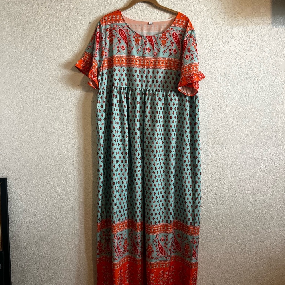 Orange and Aqua Maxi Sundress with Flutter Sleeves and Crew Neck